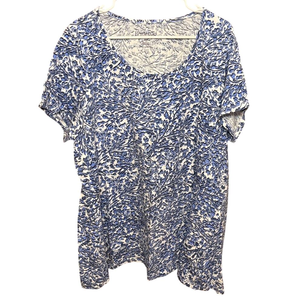 Roaman’s Blue White Floral Top 1X Short Sleeve Scoop Neck Blouse